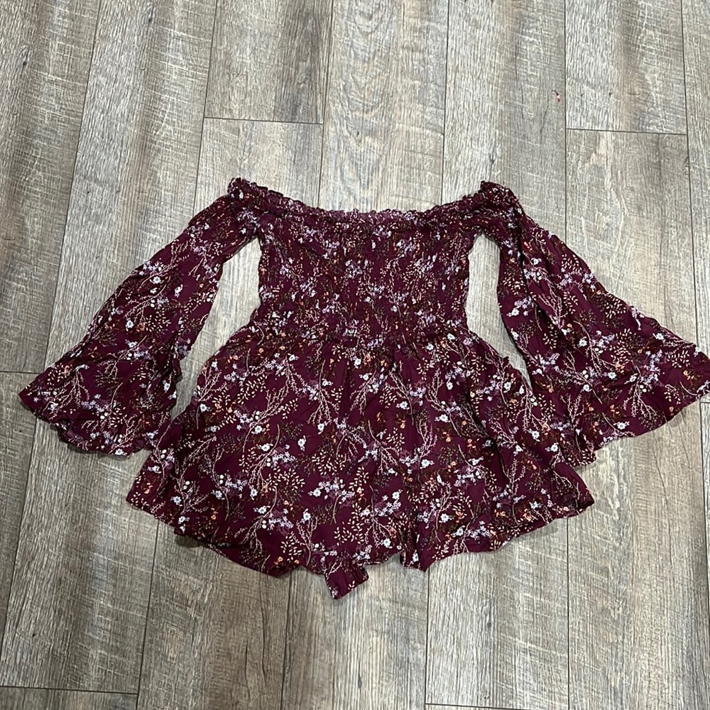 Boho Floral Off The Shoulder Romper With Flared Bell Sleeves XS